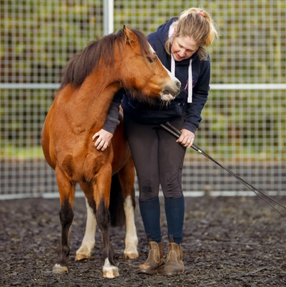 A photo from Liberty Horse UK featuring a woman working with a pony at liberty