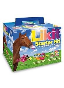 A picture of a Likit Starter Kit box. It shows the words Likit in rainbow font with the words starter kit below it in yellow font. To the left of the words is a picture of a horse using the Likit.