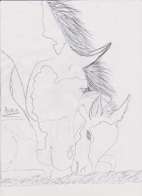 A pencil drawing of a paint horse's head reaching down to a paint foal that is laying on the ground in the grass.