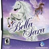 A graphic from the game Bella Sara game it shows a white horse rearing and a bay Pegasus in the background. The words Bella Sara are near the bottom in purple lettering.