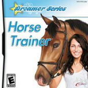 A graphic showing the text Dreamer Series on top left and the name of the game Horse Trainer below it. It also shows an image of a girl with a brown horse on white background.