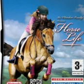 A graphic of the game Horse Life John Whitaker International Ltd. It shows the name of the game in the middle right part and an image of a girl jumping a horse on blue background.