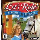 A graphic of the game Let's Ride Friends Forever. It shows the name of the game Let's Ride: Friends Forever in the upper middle part. Below is a girl with a white horse.