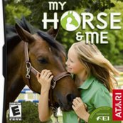 A graphic from the game My Horse & Me. It shows a a bay horse with a white star wearing a halter next to a girl with blond hair. The words My Horse & Me are in the upper right hand corner.