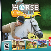 A graphic of the game My Horse & Me Riding for Gold. It shows the name of the game My Horse & Me Riding for Gold in the upper middle part. Below is an image of a girl on a white horse.