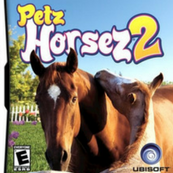 A graphic of the game Petz Horsez 2. It shows the name of the game Petz Horsez 2 in the upper left corner. Below is a chestnut horse with a white star and a chestnut foal.