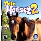 A graphic of the game Petz Horsez 2. It shows the name of the game Petz Horsez 2 in the upper left corner. Below is a chestnut horse with a white star and a chestnut foal.