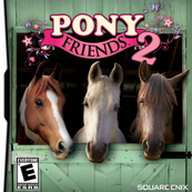 A graphic from the PC game Pony Friends 2. In the center, there is text that says Pony Friends 2 and a picture of 3 horses.