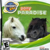 A graphic of the game Pony Paradise. The discovery kids logo is in the upper left corner and the name of the game is near the top centered. Near the bottom is a white pony and a black pony.