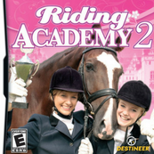A graphic of the game Riding Academy 2. It shows the name of the game in the top middle part. Below is an image of two girls and a horse in the middle on pink background.