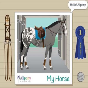 A graphic from the All Pony My Horse game. It shows a gray Appaloosa pony wearing english tack standing in a barn aisle. There is a blue ribbon to the right and an english bridle to the left.
