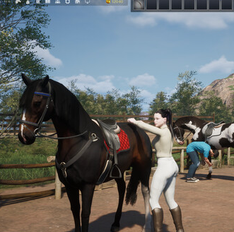 A graphic from the game Unbridled: That Horse Game. It shows a horse and rider on a dirt road.