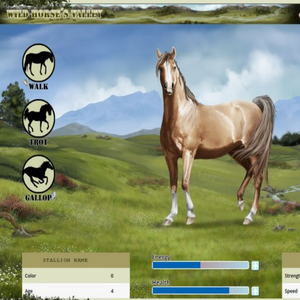 A graphic from the game Wild Horse's Valley. A champagne colored horse is standing in a grassy field with mountains, trees, and rocks in the background. There are buttons for different gaits.