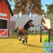 A graphic from the Pony Luv Game. It shows a floating hand holding a lead rope that is attached to a cantering bay pony. A barn, fence, and trees are in the background.