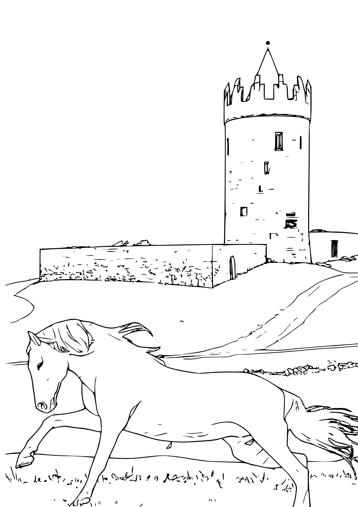 A horse coloring page with a horse galloping and a castle in the background.