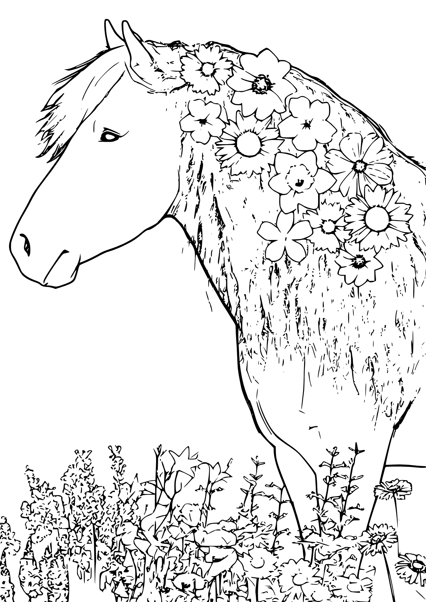 A horse coloring page of a horse with flowers around and flowers in its mane