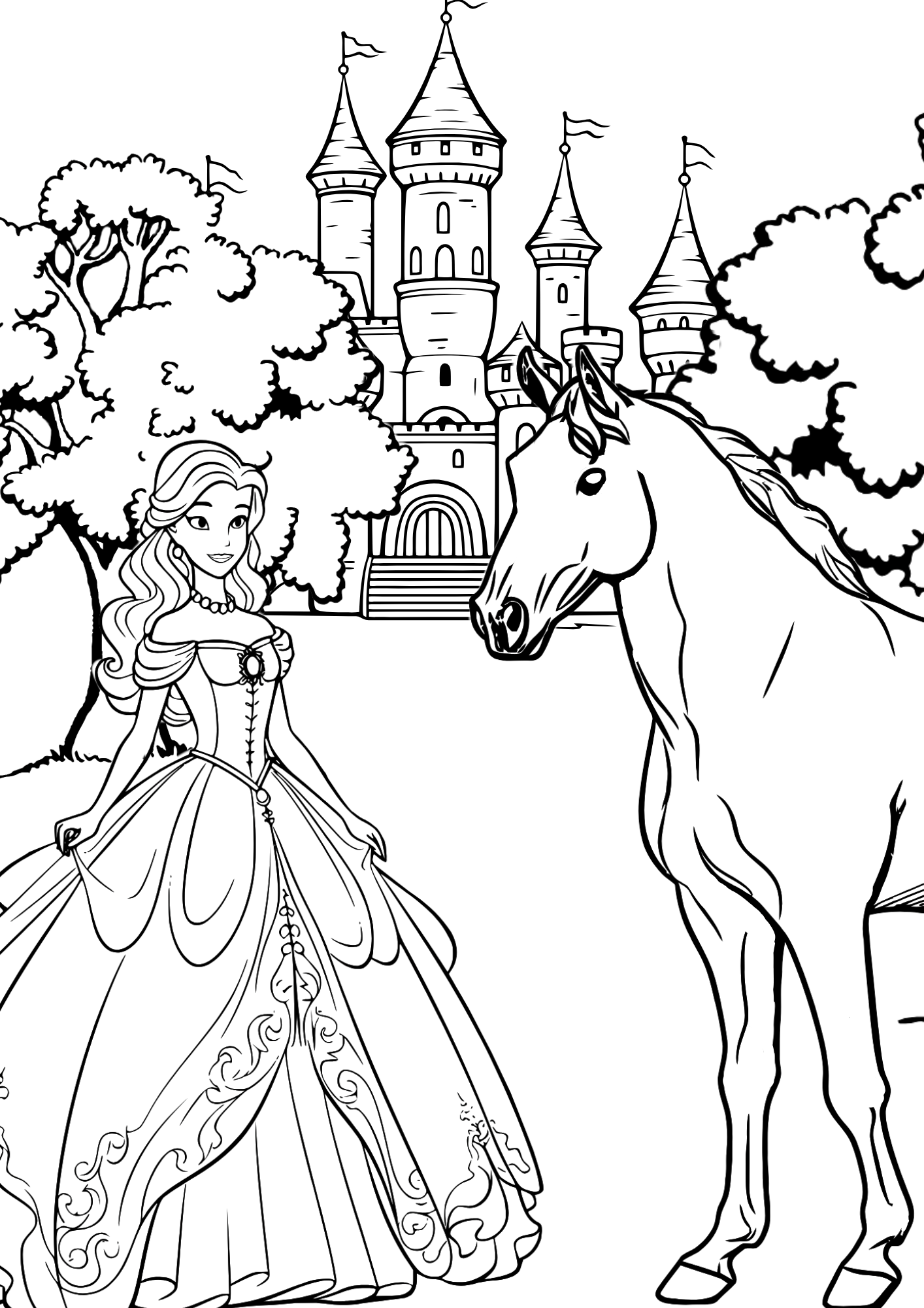 Princess with horse and castle background free coloring page preview