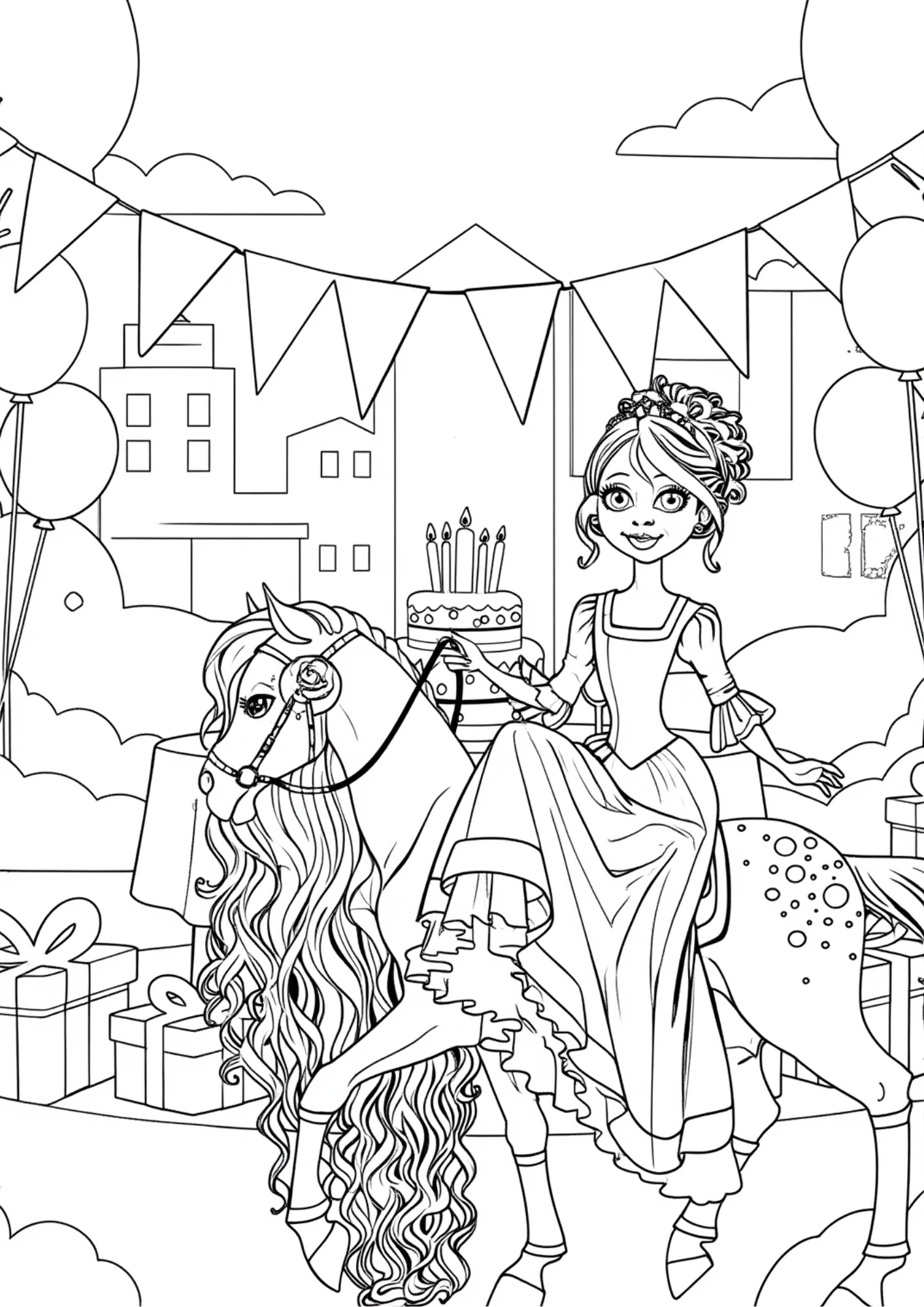 Princess horse party free coloring page preview