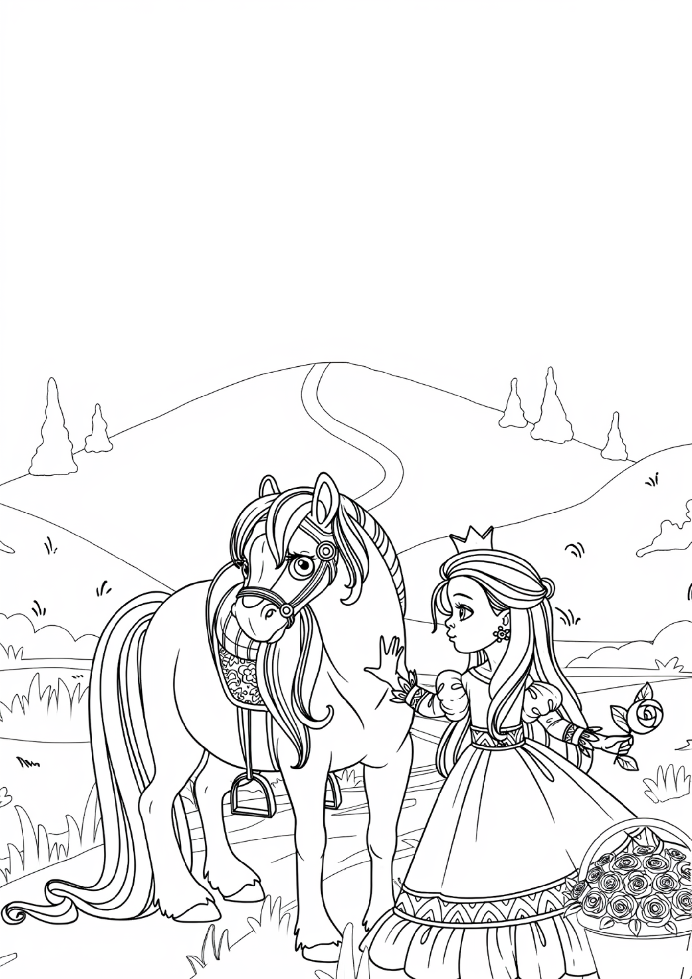 Princess and horse picking flowers together in a garden coloring page