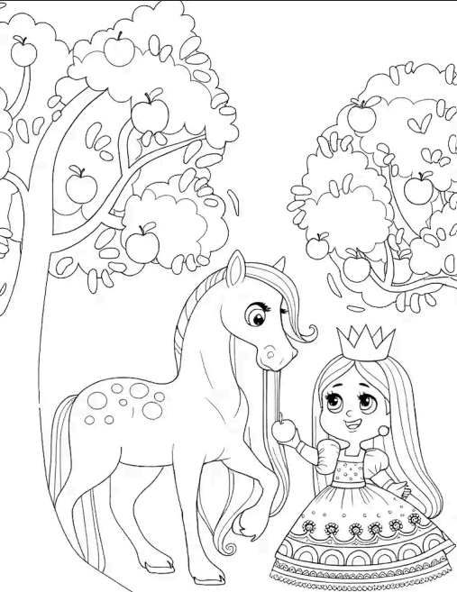 Princess offering an apple to her horse coloring page