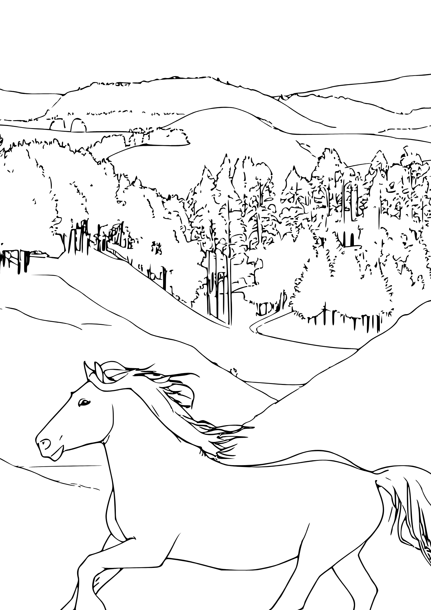 realistic horse galloping with mountains horse coloring page