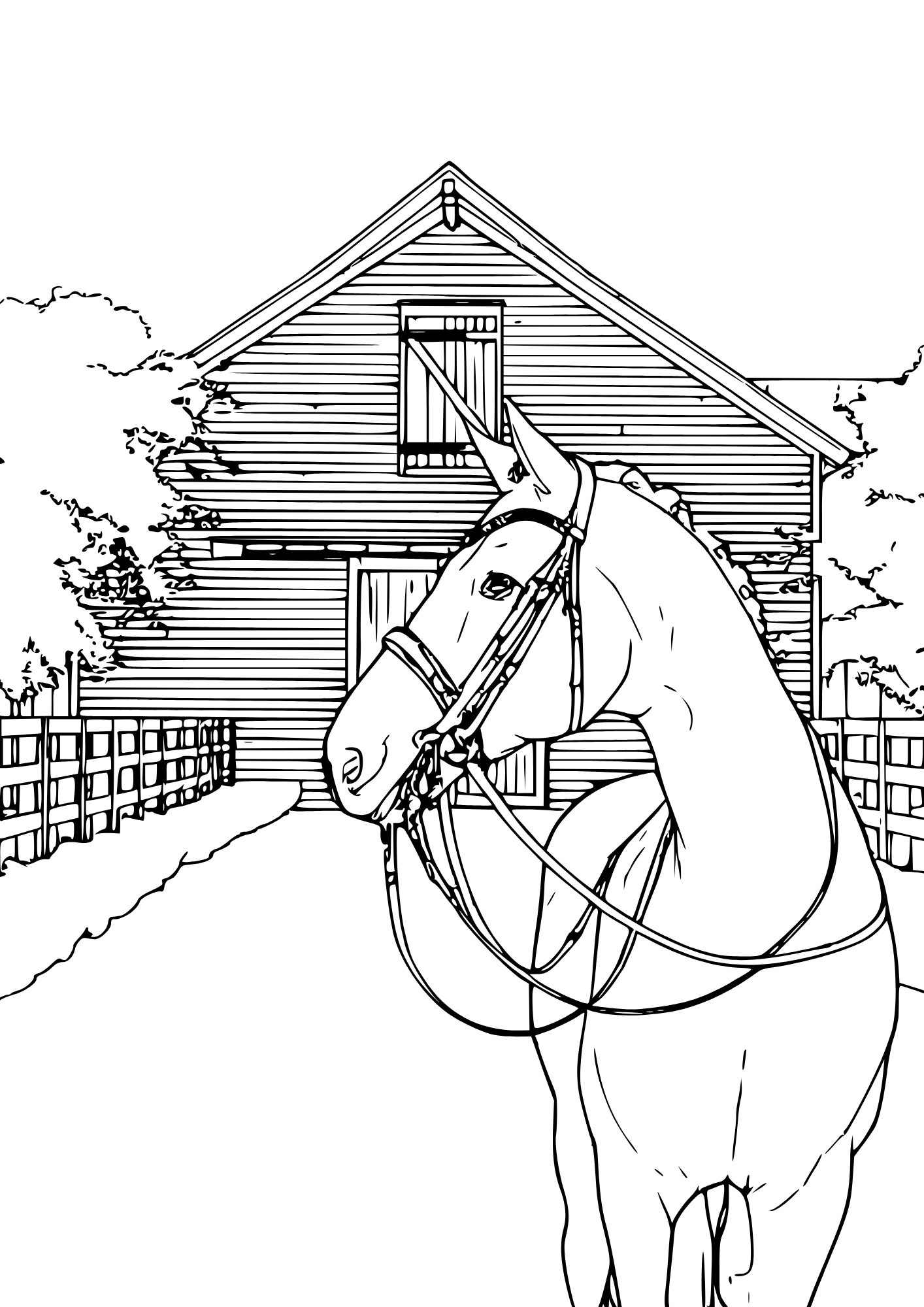 A horse wearing a bridle in front of barn horse coloring page