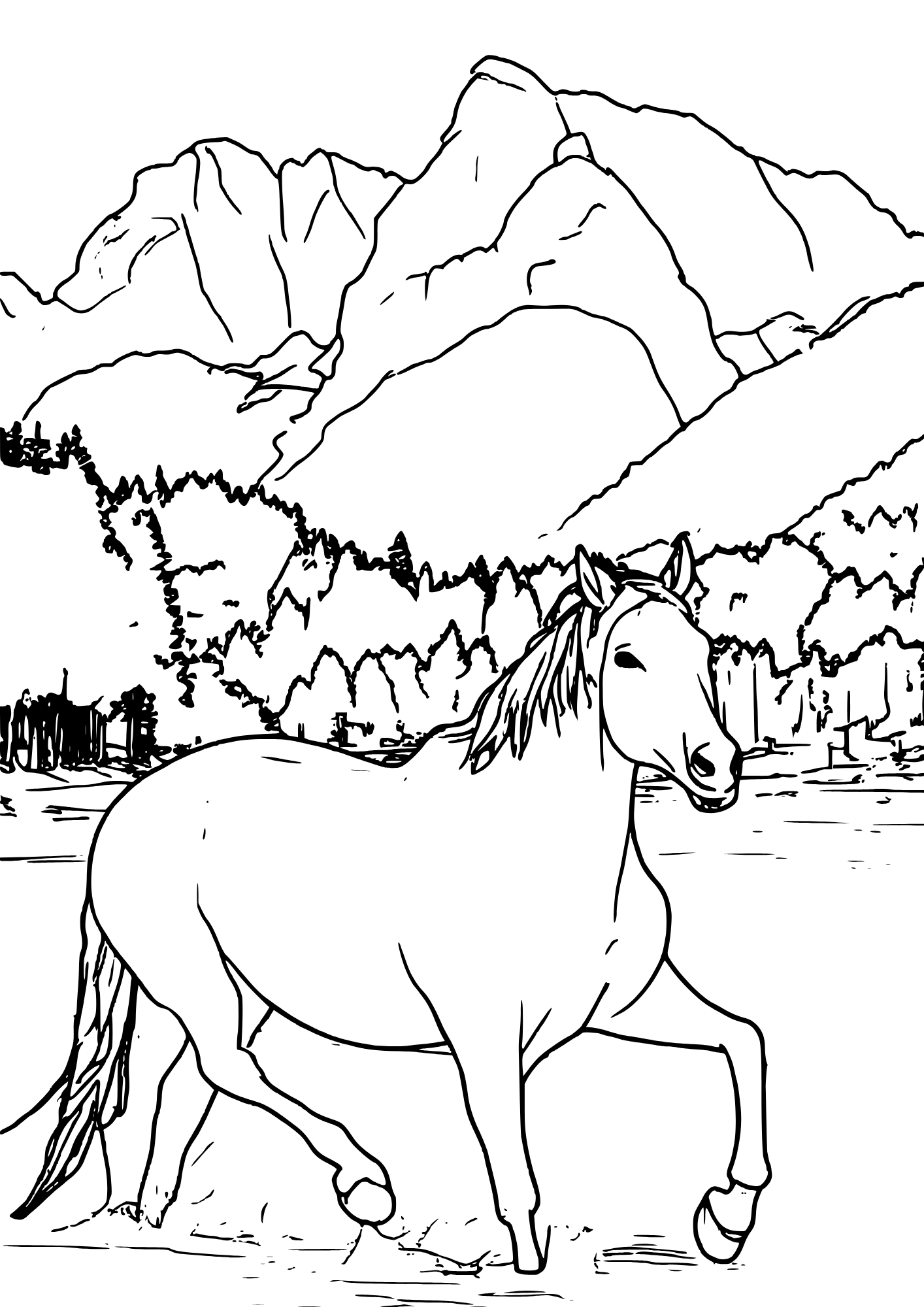 horse trotting through water with mountains in background coloring page