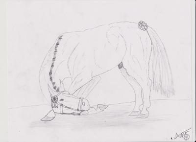 A pencil drawing of a horse bowing. The horse is wearing a bridle and has a ribbon on its bridle. The horse's mane is braided as well.