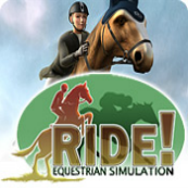 A graphic from the game Ride Equestrian Simulation. It has the text Ride Equestrian Simulation at the bottom and shows a horse and rider jumping above the text.