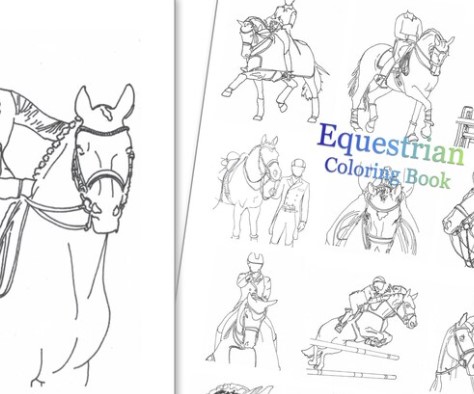 10 different images of showjumping and dressage horses and riders. With the words Equestrian Coloring Book.
