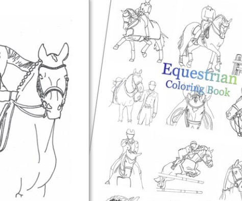 10 different images of showjumping and dressage horses and riders. With the words Equestrian Coloring Book.