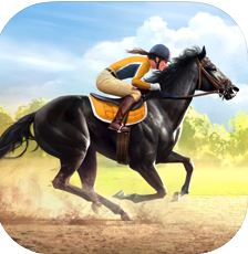 A graphic from the game Rival Stars that shows a black horse galloping. The jockey riding the horse is wearing a yellow and green shirt, beige breeches, brown boots, and a black helmet. The horse is galloping on dirt with grass and trees in the background. The sky is blue.