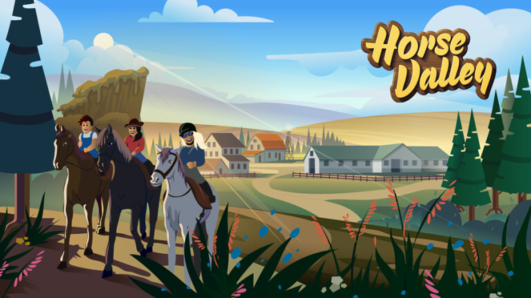 An image of three riders on their horses and the title of the game Horse Valley in the upper right corner