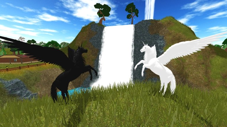 An image of two horses with wings from the Ravine Oasis roblox horse game