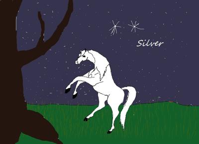 A white horse rearing in a field at night with a tree off to the left side in the drawing. The words 'Silver' also appear on the drawing.