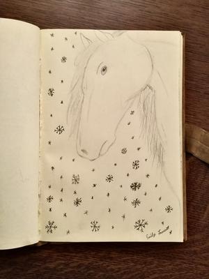 A pencil drawing of a horse's head. There are snowflakes in the background.