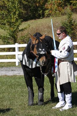 A horse dressed up as Darth Vader standing next to a man dressed up as a Jedi.