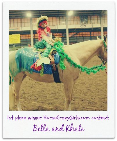 Horse Halloween costume contest. The horse is dressed up like the ocean and the girl like a mermaid.