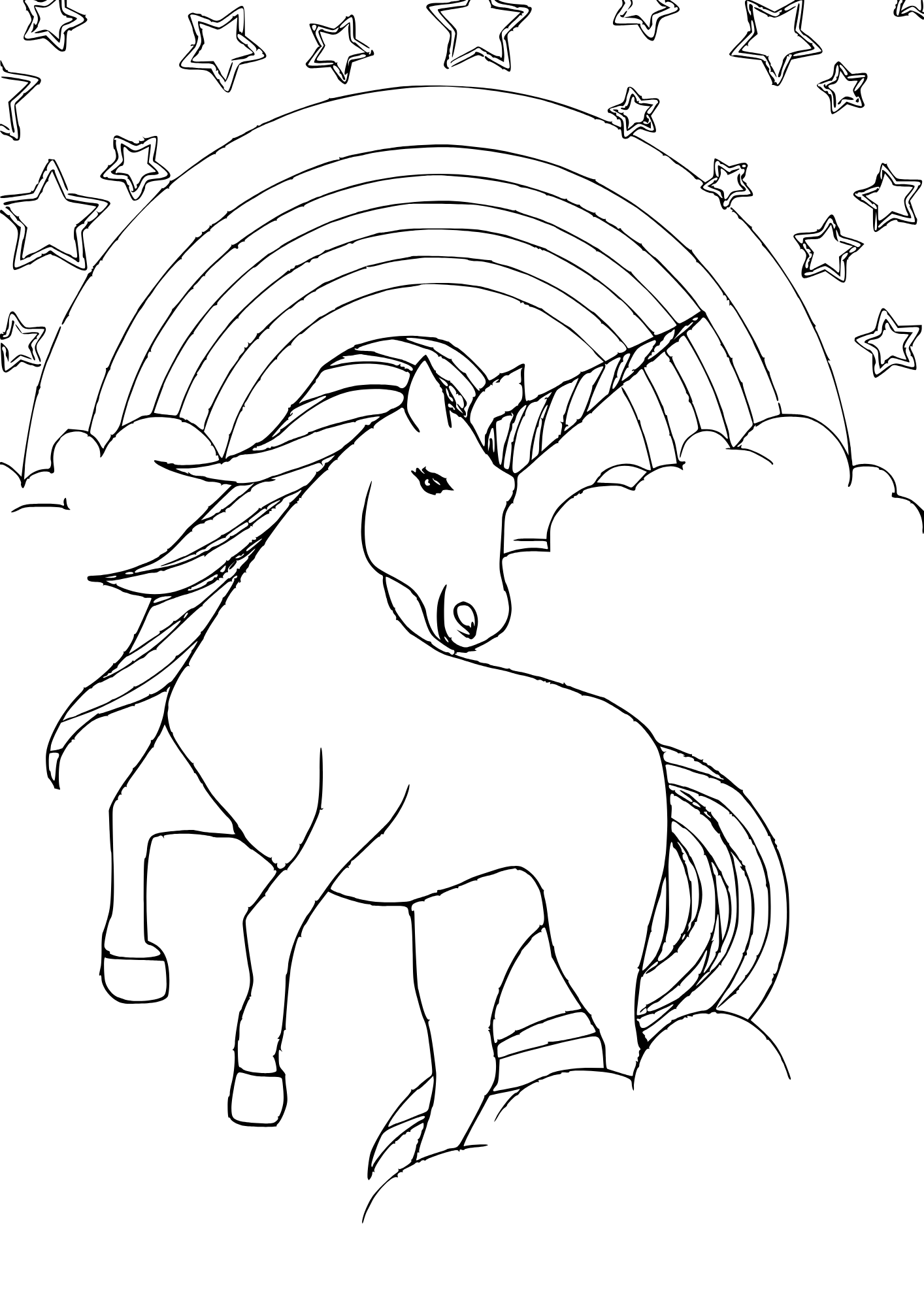 A coloring page of a unicorn with a rainbow