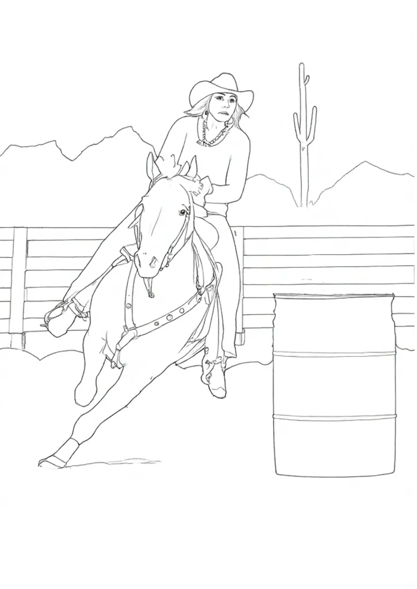 A coloring page of a woman barrel racing on her horse