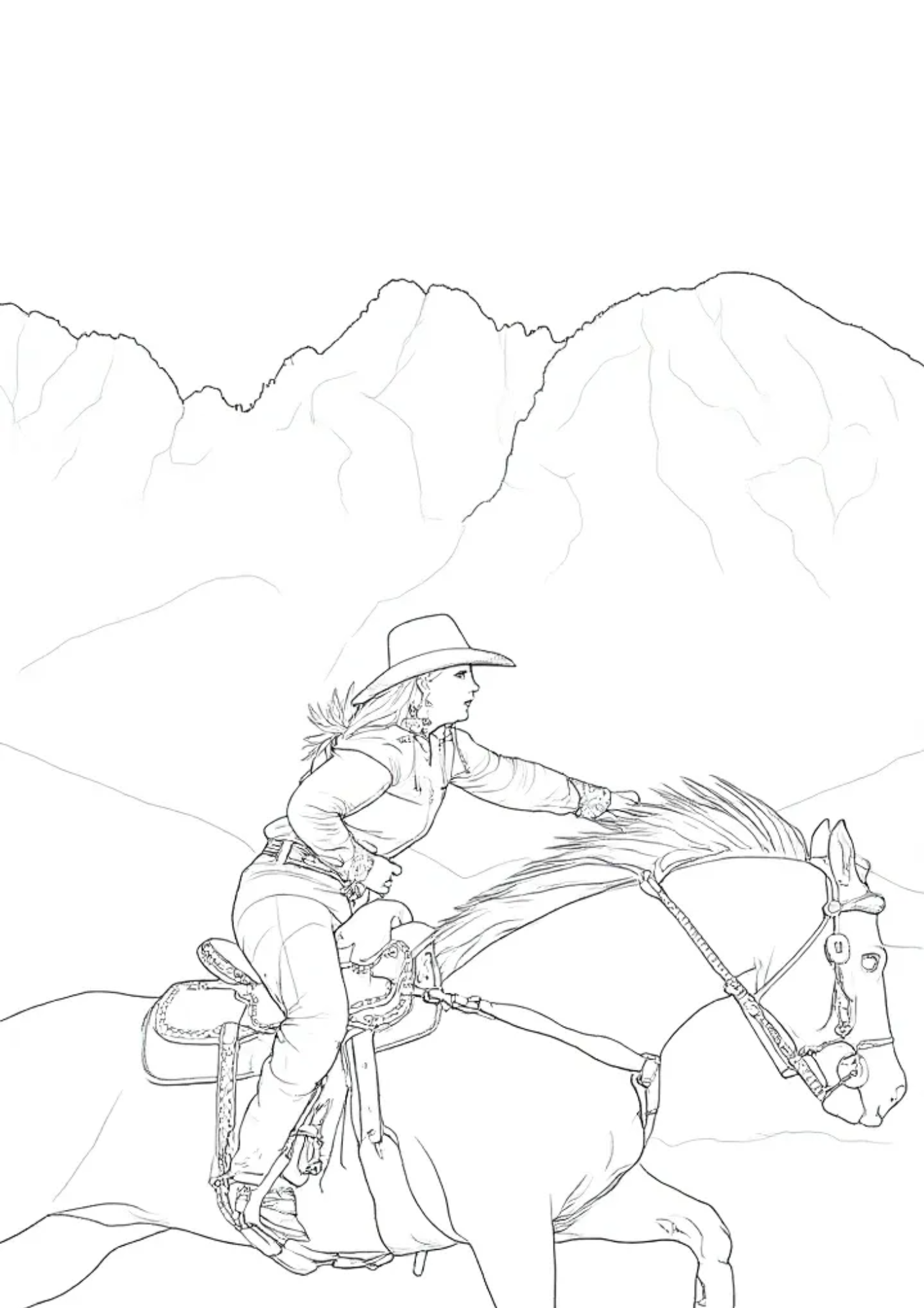 A coloring page of a woman galloping her horse with the mountains in the background