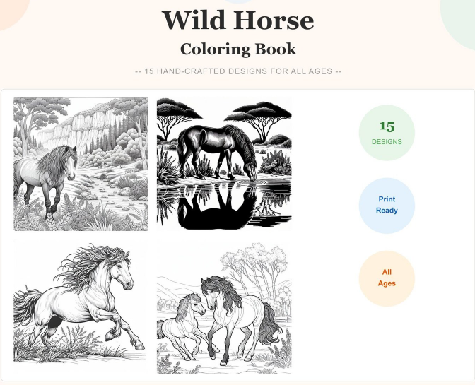 Wild Horse Coloring Book from LoveKindDigital on Etsy