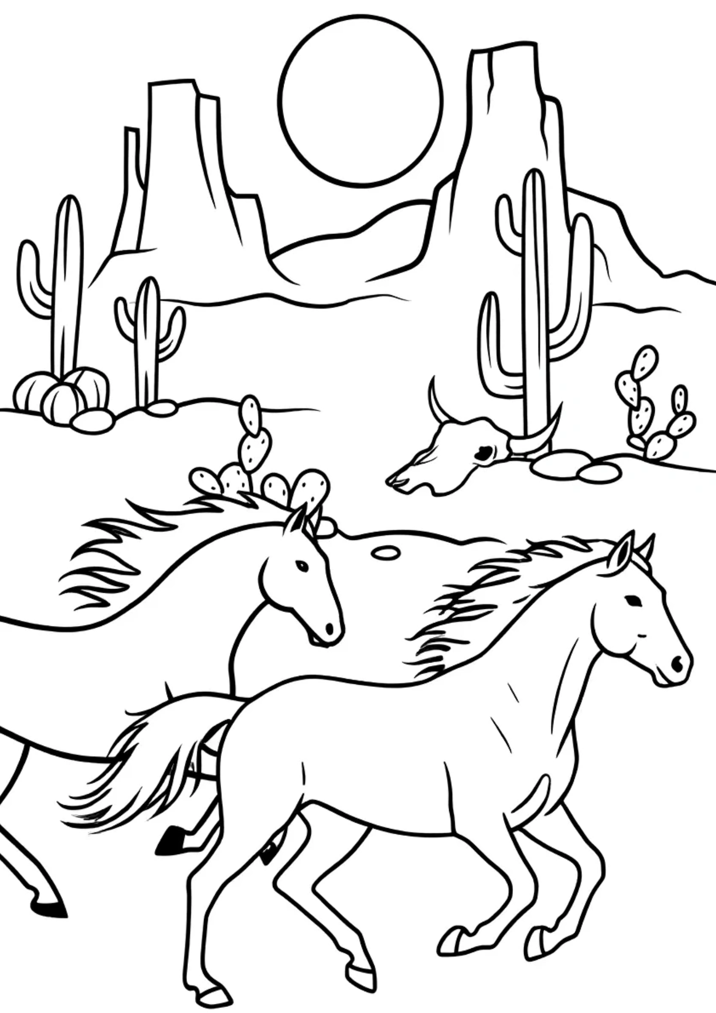 Wild horses running free in a desert landscape free coloring page
