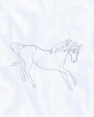 A pencil drawing of a horse cantering.