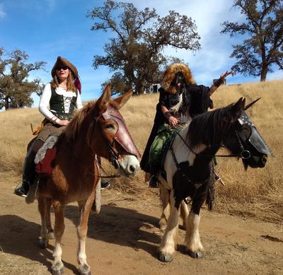 One rider has a medieval dress on and the horse has a medieval armor looking plate on its face. The other rider has a fur cape on and that horse also has an armor looking plate on its face.